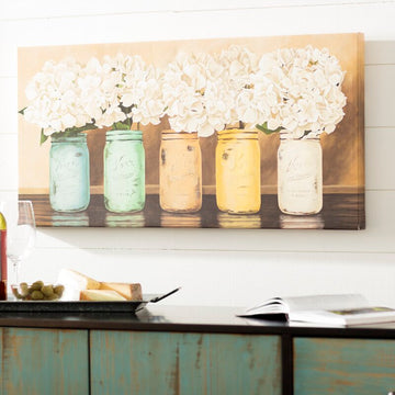 Siaahrain Wrapped Hydrangeas In Jars Floral Horizontal Canvas Print